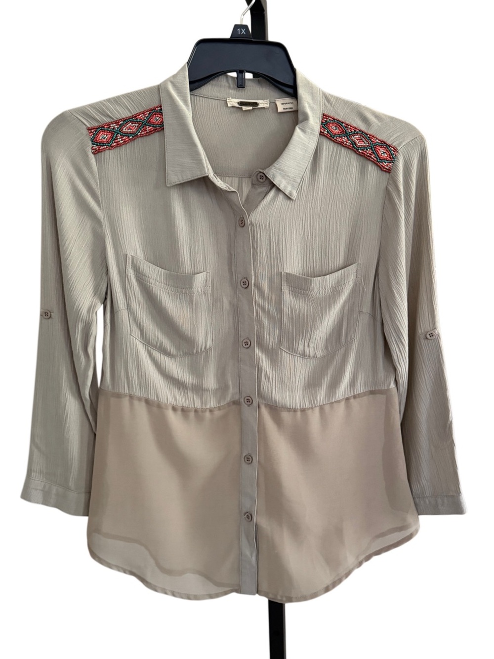 Miss Me Indie Boho Button Down Shirt Size S Embroidered Sheer Southwestern